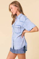 Doe and Rae - SHORT SLEEVE OVERSIZED DENIM BUTTON DOWN SHIRT - 43949T: DK.DENIM / L