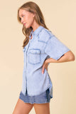 Doe and Rae - SHORT SLEEVE OVERSIZED DENIM BUTTON DOWN SHIRT - 43949T: DK.DENIM / S