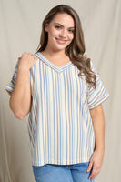 Doe and Rae - Textured Multi-Striped V-Neck Rolled Up Sleeve - 44470TPL: ORANGE MIX / 3X