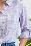 Blu Pepper - PLAID COLLARED BUTTON DOWN ROLL-UP SLEEVE  SHIRT: IVORY MULTI