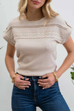 Blu Pepper - SHORT TAB SLEEVE LACE TRIM CRINKLE KNIT BLOUSE: LIGHT TAUPE