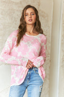 ADORA LA - CESW3467 - RAW EDGE LIGHTWEIGHT FLORAL SWEATER: S / GREEN