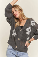 ADORA LA - CESW3607 - LIGHTWEIGHT FLORAL SWEATER CARDIGAN: M / CHARCOAL