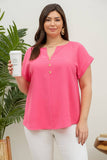 Blu Pepper - PLUS  BUTTON FRONT SHORT SLEEVE WOVEN TOP: PINK