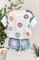 Mello. - Short Sleeve Sweater with Daisy Embroidery: M / Ivory