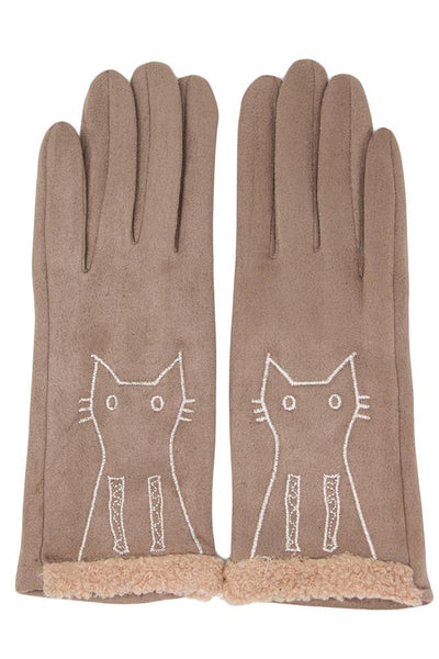 Embroidery cat solid smart touch gloves: Beige