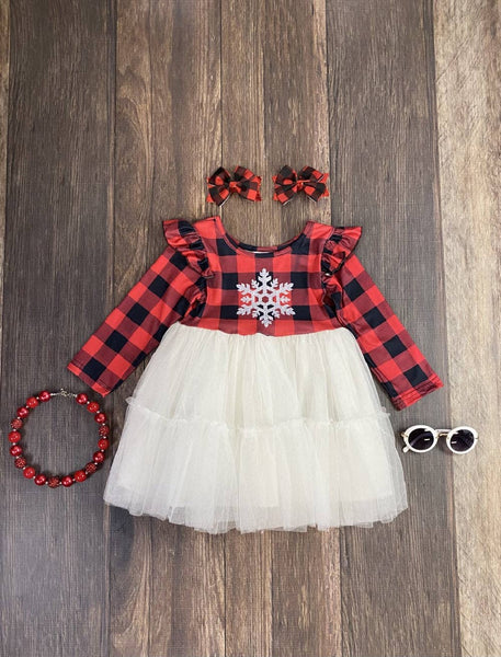 The Hair Bow Company - Buffalo Plaid Snowflake White Tulle Dress