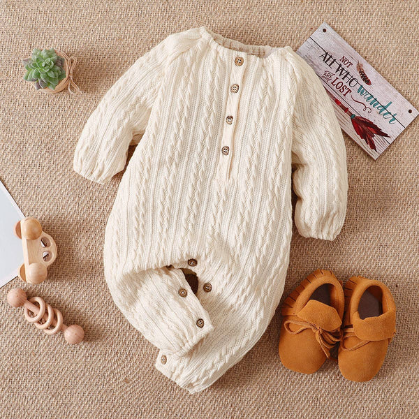 PatPat - Solid Knitted Button Design Long-sleeve Baby Jumpsuit