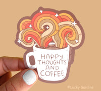 Lucky Sardine - Happy Thoughts and Coffee, Retro Rainbow Vinyl Sticker