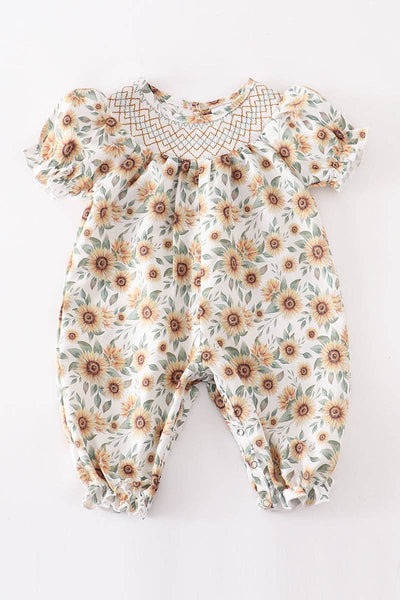 Honeydew - Sunflower smocked baby romper