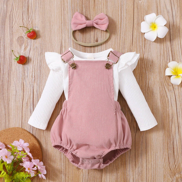 PatPat - 3pcs Baby Girl Sleeve Top Overall Shorts with Headb Set