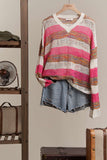 Mello. - V Neck Multi Stripe Crochet Sweater: M / Multi-Pink