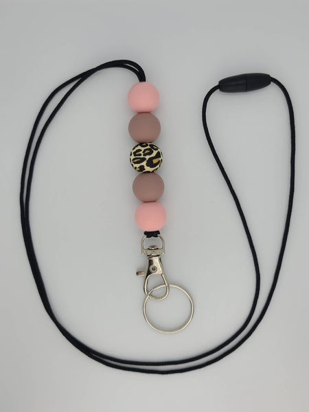 Kendra's Designs - Soft Pink Fawn & Leopard Print Beaded Teacher Lanyard