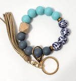 #31 Gray Leopard & Teal Silicone Bead Wristlet w/ Tassel