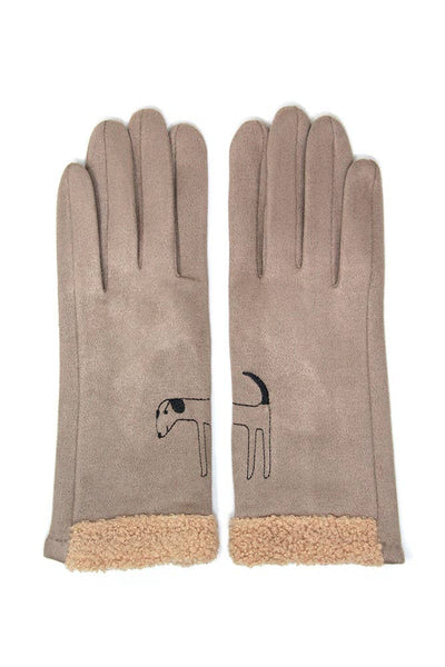 Suede Dog Embroidery with Boucle Gloves: Beige