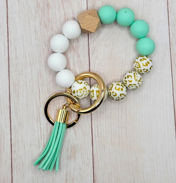 The Wristlet Bar - Gold Leopard /Mint/White Silicone Wristlet Keychain