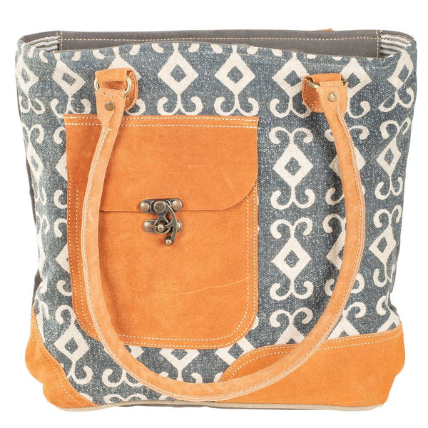 Clea Ray Canvas Bags & Clothing - Blue-Gray Rug With Brown Leather And Front Pocket With Latch