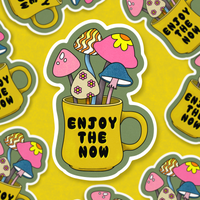 Sage and Virgo - Enjoy the now, colorful retro mug of mushrooms, sticker