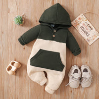 PatPat - Waffle Colorblock Long-sleeve Hooded Baby Jumpsuit