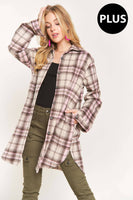 ADORA LA - CEJ2587AX - PLUS SIZE BUTTON DOWN PLAID SHACKET: 1XL / PINK