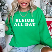 Sleigh All Day Funny Holiday Crewneck Sweatshirt - GREEN: 2X-Large