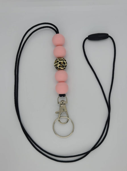 Kendra's Designs - Soft Pink & Leopard Print Beaded Teacher Lanyard