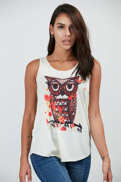 SM WARDROBE - Colorful Owl On The Branch Tank Top: White / 2L