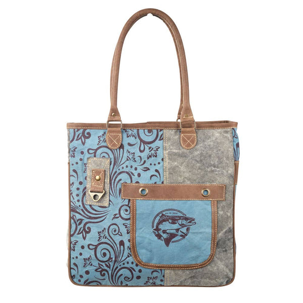 Clea Ray Canvas Bags & Clothing - Blue And Brown With Fish Canvas Tote