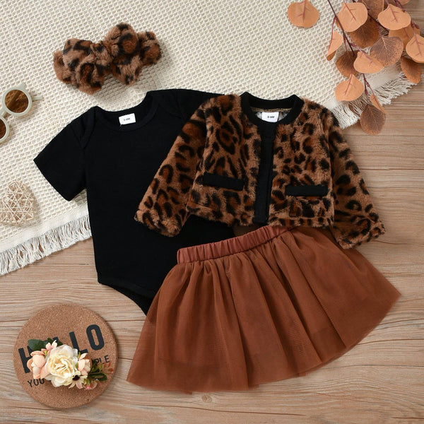 PatPat - 3pcs Baby  Fleece Leopard Outwear and Tutu Skirt Set