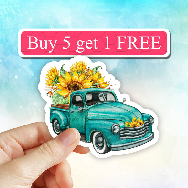 Neya Sticker Shop - Floral Vintage truck with sunflower Stickers, laptop decal