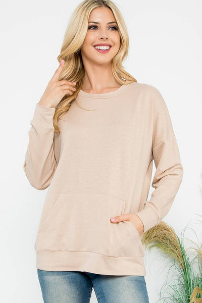 Perfect Peach - YMT20011V-LONG SLEEVE FRENCH TERRY TOP WITH KANGAROO POCKET: S / Stone