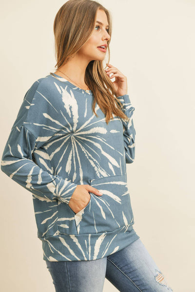 Perfect Peach - PPT2093-KANGAROO POCKET TIE DYE LONG SLEEVE TOP: S / TEAL