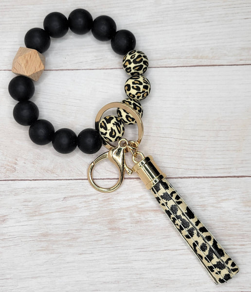 The Wristlet Bar - #23 Leopard Silicone Wristlet Keychain w/ Black Tassel