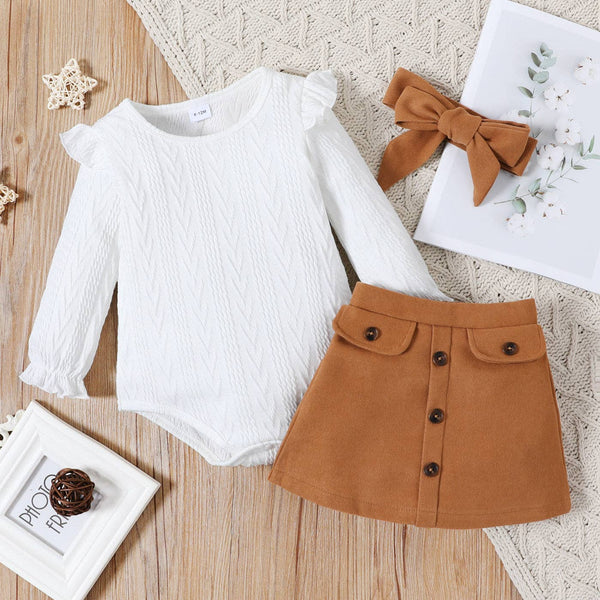 PatPat - 3-piece Baby Girl d Cable Knit White Skirt Headb Set