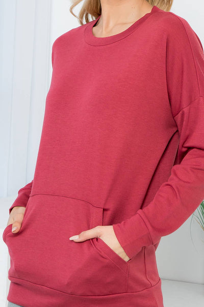 Perfect Peach - YMT20011V-LONG SLEEVE FRENCH TERRY TOP WITH KANGAROO POCKET: XL / Marsala