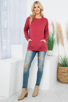 Perfect Peach - YMT20011V-LONG SLEEVE FRENCH TERRY TOP WITH KANGAROO POCKET: L / Marsala