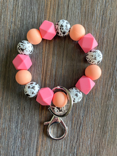 JILLIAN INK LLC - Coral and Black White with Pink Hex Bead Wristlet Keyring