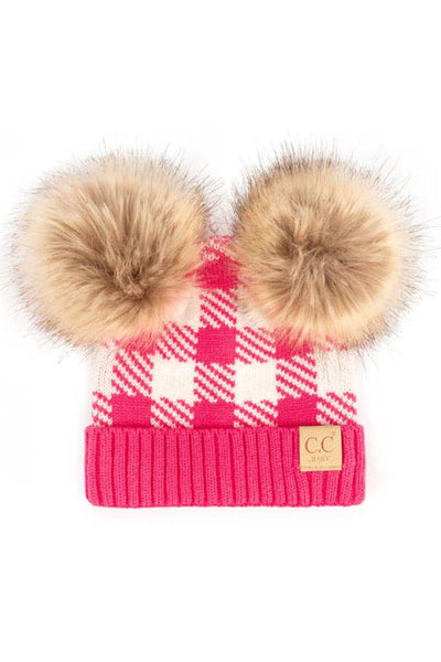 Hana - C.C Buffalo Check Baby Beanie With Natural Pom