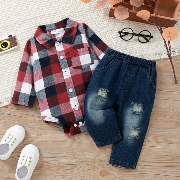 PatPat - 2pcs Baby Lapel  Shirt Romper and 100% Cotton Jeans Set