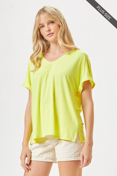 Dear Scarlett - PLUS SIZE Easy Basic Wrinkle Free Top With V Neckline: Neon Yellow / 2X