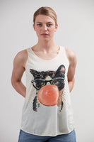 SM WARDROBE - Cat Blowing Bubble Gum Tank Top: OFF WHITE / 2L