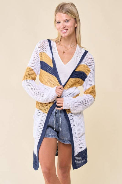 Doe and Rae - Multi Stripe Hoodie Cardigan - 10138J: S / Navy/Sunlight