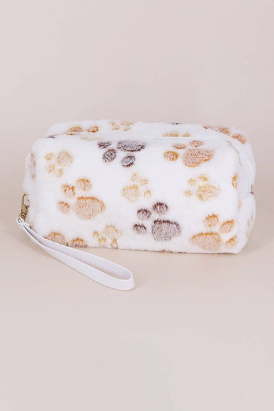 Faux Fur Paw Print Pouch Wristlet: Ivory